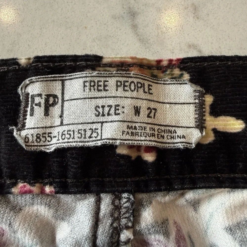 Free People Pants Mid-Rise Corduroy Floral Skinny Slim W 27 Black Burgundy Green